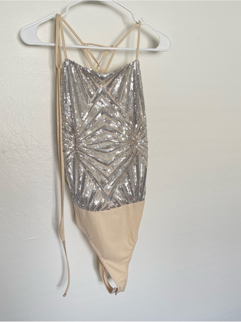 Sequin Embellished Nude & Silver Strappy Bodycon Dress
